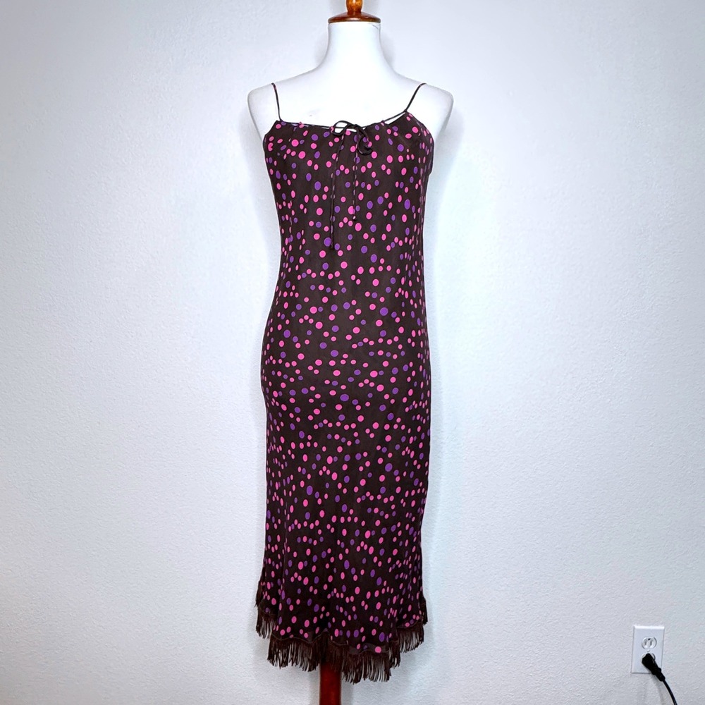 MICA Vtg 90s Y2K Slip Dress 10‎ MED Brown Polka Dots Pink Purple Fringe Hem